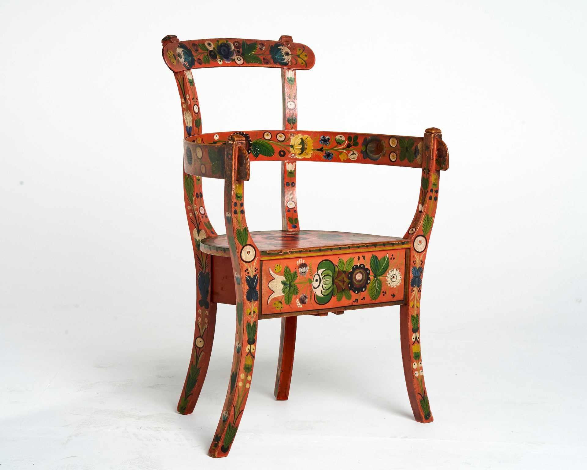 SOLD A unique folk art painted timber armchair, Brittany Region, French 19th Century