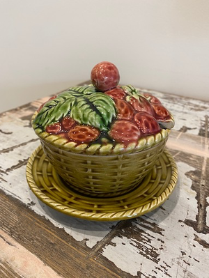 SOLD A sweet Majolica confiture pot, modelled as strawberries in a basket, with lid and saucer, French Circa 1920