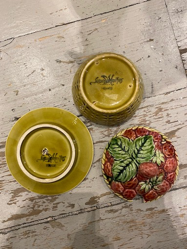 SOLD A sweet Majolica confiture pot, modelled as strawberries in a basket, with lid and saucer, French Circa 1920