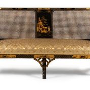 SOLD An exceptional black Chinoiserie lacquer and caned bergere three piece suite English Circa 1920