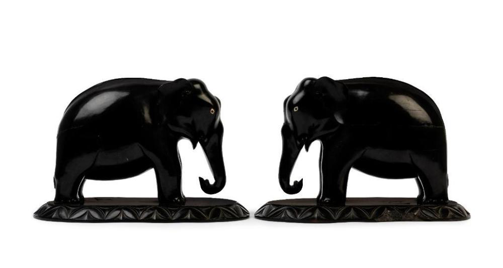 SOLD A pair of solid ebony carved Elephant bookends, Anglo Indian Circa 1880