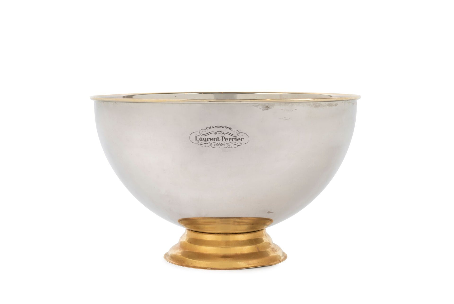 SOLD A large and stylish gilt metal pedestal Champagne cooler labelled Laurent Perrier, French Circa 1950  25cm high, 41cm diameter